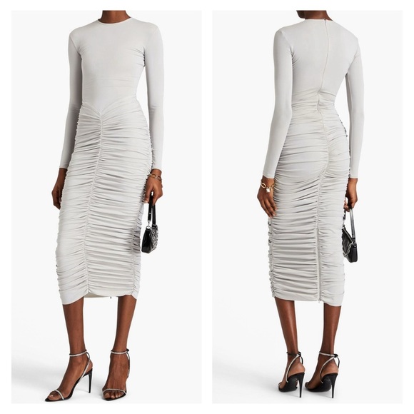ALEX PERRY Presley dress midi grey silver 14 ruched stretch knit formal NWT NEW - Picture 2 of 15